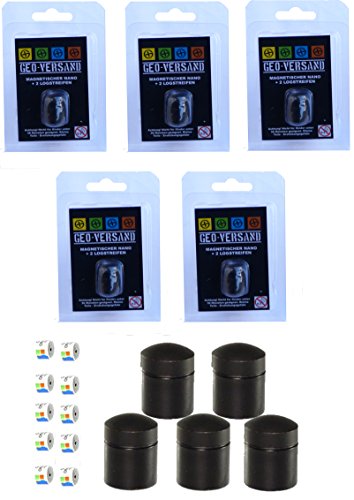 geo-versand 5 x Nano magnetisch schwarz mit 10 wasserfesten Logstreifen Geocaching Versteck
