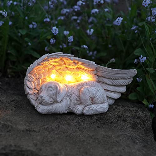 Festive Lights Gedenkstein mit solarbetriebener LED Beleuchtung Engelsflügel mit Hund Grabdekoration Wetterfest Grabstein Hund Grablicht Solar Gedenkstein Hund Erinnerung Hund Engelsflügel
