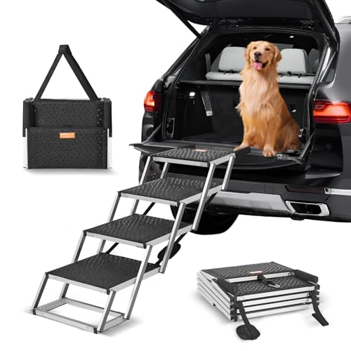 VEVOR Hundetreppe für Autos, breite 4-stufige Hundeautotreppe, zusammenklappbare Hundeautorampe mit Rutschfester Oberfläche, tragbare Haustiertreppe aus leichtem Aluminium für Auto, SUV und LKW