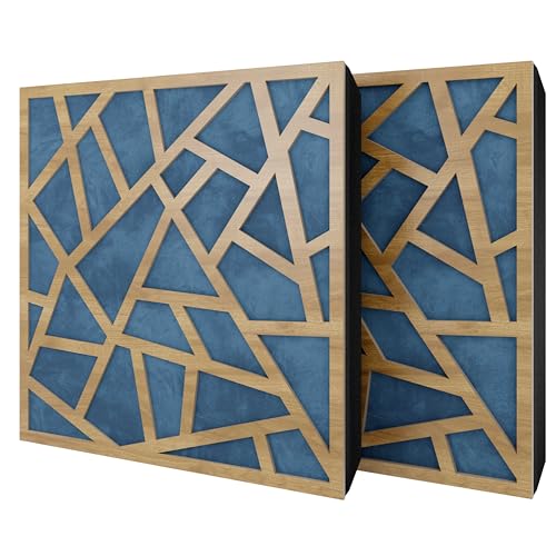 2 Stück – Diffuse schallabsorbierende Akustikplatte mit Samtstoff und Montageset | 50 x 50 x 5 cm | Reflexion – Schalldämmung | akustische Behandlung für Zuhause [Skyross – Eiche | Blau]