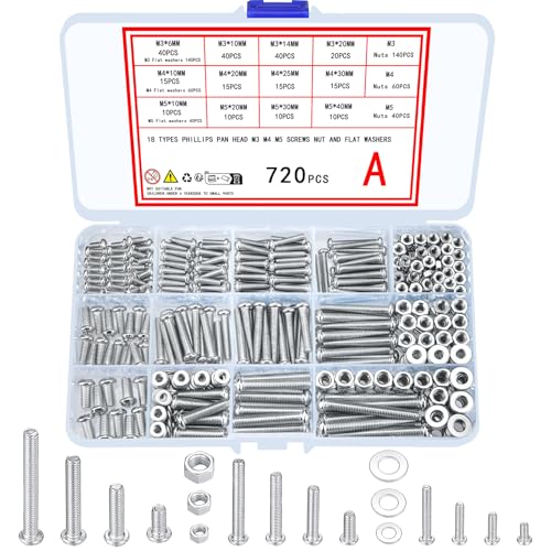 Ewwtrey 720 Stück M3 M4 M5 verzinkte Schrauben mit Muttern und Unterlegscheiben Sortiments Set, verschiedene Kreuz Flachkopf Maschinenschrauben Muttern und Schrauben Set (Silber 720)