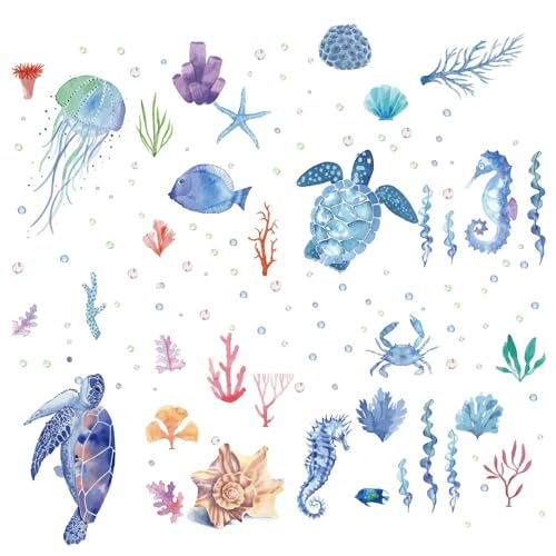 CRASPIRE Ozean-Tier-Aufkleber, Unterwasser-Meeresschildkröte, Wandaufkleber, 8 Blatt Vinyl-Aufkleber, Seepferdchen-Muschel-Aufkleber, Abnehmbare Wandaufkleber,Aquarell Für Klassenzimmer,Schlafzimmer