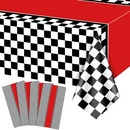 PIXHOTUL 4 Stück Rennwagen Tischdecken, Rennwagen Geburtstag Party Dekorationen schwarz kariert Kunststoff Tischdecke Tischläufer für Kind Junge Geburtstag, Rennwagen Thema Party, 130 x 220cm