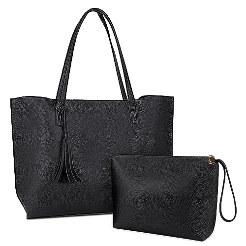 NUBILY Handtaschen Damen Shopper Damen Groß Schwarz Leder Umhängetasche Henkeltasche 2PCS Set Einfach Tote Bag Schultertasche für Schulgeschäft und Reisen