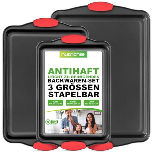 NutriChef Backbleche Set 3-Teilig – Antihaftbeschichtetes Backformen Set aus Edelstahl bis 230°C – Stapelbare Ofenbleche Spülmaschinenfest, PFOA-, PFOS- & PTFE-frei – Qualitative Baking Tray