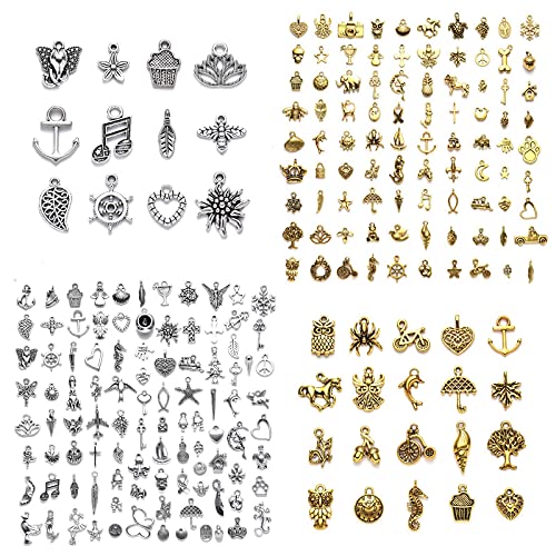 VEGCOO 200 Stücke Charms Anhänger zum Schmuck, Armbänd Ketten Ohrringe Selber Machen, Gemischte Vintage Aesthetic Accessoires Halskette Making Zubehör Silber (Silber und Gold)
