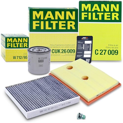 MANN-FILTER Inspektionspaket Filterset 1x Ölfilter, 1x Luftfilter, 1x Innenraumfilter (Aktivkohlefilter), 1x Ölablassschraube mit Dichtring, 1x Ölwechselanhänger,