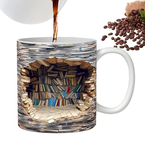 Facynde -Bücherregal-Tasse Kaffeetasse Bibliothek Bücherregal Reisebecher,Teebecher Milchbecher Porzellan Knochenbecher Bücherregal Becher Neuheit Sprüche Buchliebhaber Becher