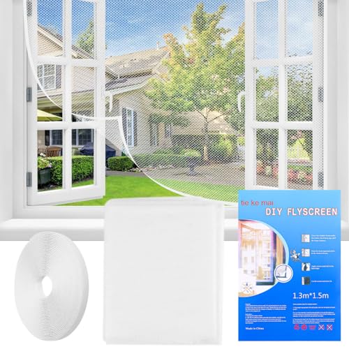 Fliegengitter Fenster, 130 x 150cm Insektenschutz Fenster Ohne Bohren Fliegengitter Zuschneidbar Mückenschutz Fenster mit Klettband Selbstklebend Moskitonetz für Aalle Dachfenster Tür, Weiß