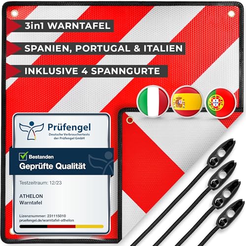 ATHELON® 3in1 Warntafel für Italien, Spanien & Portugal - Reflektierendes Warnschild inklusive 4X Spanngurte - Hochwertige Warntafel Italien für Fahrradträger (Warntafel + Gummi)