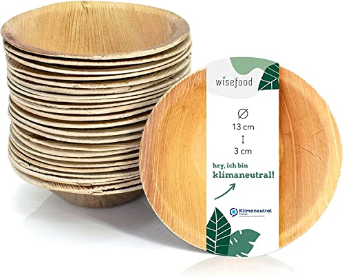 Wiseware Palmblatt Schale Ø 13 cm – 25 Stück Einweg-Schüsseln rund 300 ml – biologisch abbaubares Palmblattgeschirr – kompostierbare Einwegschalen – nachhaltiges Bio Partygeschirr