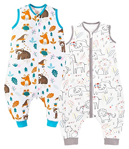 Chilsuessy 2er Pack Baby Schlafsack Sommer mit Füßen 0.5 Tog 100% Baumwolle Kinder Sommerschlafsack für Jungen und Mädchen, Glück Tiere+Waldtiere,90cm/Baby Höhe 100-110cm
