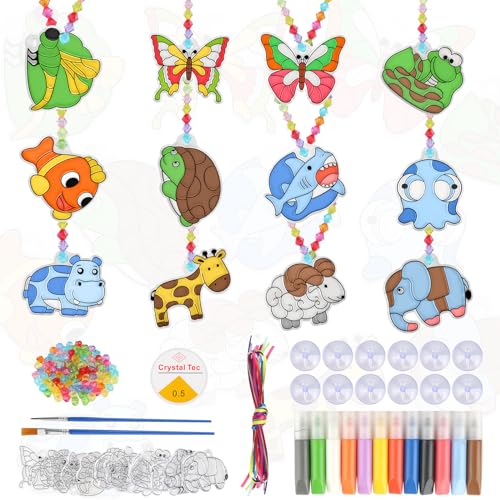 12 Stück Suncatcher Bastelset für Kinder, Cartoon Tiere Sonnenfänger Bastelset mit 12 Farbe Keine Bake Glue Pens und Andere Hilfsmittel, Suncatcher für DIY-Projekte, Fenster Hängende Ornamente
