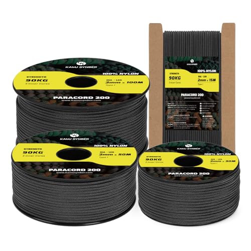 Kamu Synber Paracord 2mm 15M Seil 100% Nylon Schnur mit 3 Kern Reißfeste Typ I für Basteln, Outdoor, DIY, Camping | Tragkraft 90kg | Schwarz