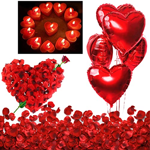 Valentinstag Deko Set XXL Dekoration Romantische Kerzen Rote Teelichter und Rosenblätter Romantisch, 50 Teelichter Herzform, 1000 Seide Rosenblüten, 5 Rote Herzförmige Folienballons