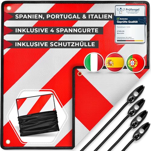 ATHELON® 3in1 Warntafel für Italien, Spanien & Portugal - Reflektierendes Warnschild inklusive 4X Spanngurte & Schutzhülle - Hochwertige Warntafel Italien für Fahrradträger & Wohnmobil