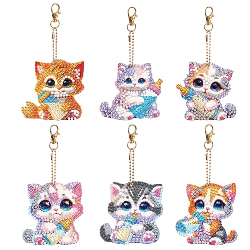 6 Pcs Katze Diamant Kunst Malerei Schlüsselanhänger 5D DIY Doppelseitig Tierische Handwerk Mosaik Malerei Schlüsselbund Flasche Katze Kristall Strass Stickerei Mosaik Diamond Anhänger für Key Case Bag