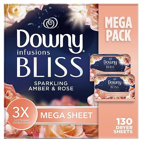 Downy Infusions Mega Trocknertücher, Weichspüler, Bliss Amber und Rose, 130 Stück