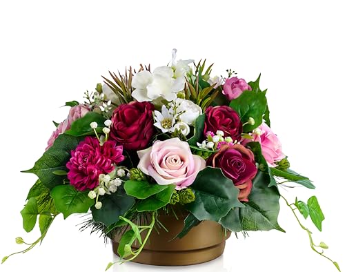 Grabschmuck künstlich Grabaufleger Kunstblumen Rosen im Topf für Grab Gedenkstätte Grabdenkmal wie Echt (Rosa)