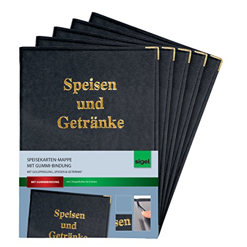 SIGEL SM100/5 Speisekarten-Mappen für A4, Menükarte, 5er Pack, mit Gummi-Bindung, schwarz mit Goldprägung, strapazierfähig und leicht abwischbar