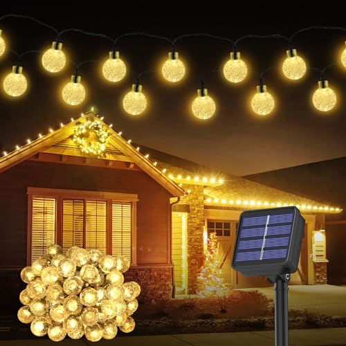 Solar Lichterkette Aussen Wetterfest, 60 LED 8 Modi IP65 Kristall Kugeln Outdoor Lichterkette Solar aussen Wetterfest Lampions für Balkon Terassen Garten Bäume Weihnachtsdekoration Festival(warmweiß)