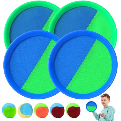 MONCAP Klettballspiel Wurfspiel Kinder Klettballspiel Klettball Strandspielzeug Kinderspiele Wurfspiel Garten Klettball Set mit 4 Fangscheiben 5 Bälle Ballspiel Outdoor Gartenspielzeug für Kinder