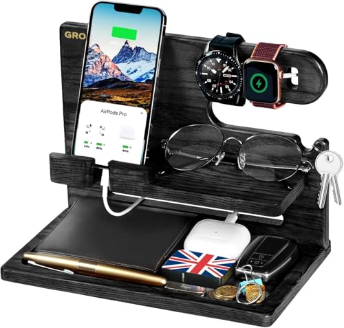 Geschenke für Männer, Valentinstag Funktionales Geschenk für Ihn Papa, Herren, Ehemann, Ihn, Dockingstation Holz für Brüder Opa Schwiegersohn Vater from Sohn, Nachttisch Schreibtisch Organizer Black