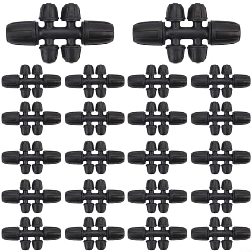 Alanmoship Gartenbewässerungs-T-Verbindungsstücke, 8/12 mm auf 4/7 mm, 6-Wege-Verteilersystem, Armaturen für Tropfleitungen, Rohre, 30 Stück, schwarz