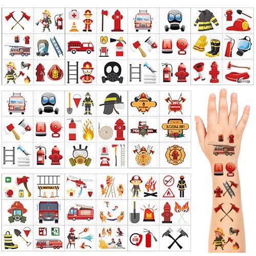 Feuerwehr Tattoo Kinder, 10 Blätter Kindertattoos Hautfreundlich, Temporäre Tattoos Sticker für Kinder, Feuerwehrmann Cartoon Aufkleber als Kindergeburtstag Geschenke