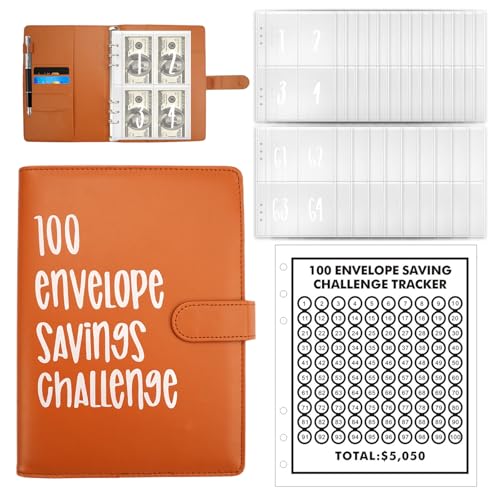 100 Envelope Saving Challenge Binder Umschläge,A5 Geldsparbinder Budget Planner,Sparbuch Für Geld Challenge mit Geldumschlägen,Braun Tage Challenge Sparen Buch,Umschläge Geld Sparen Herausforderung