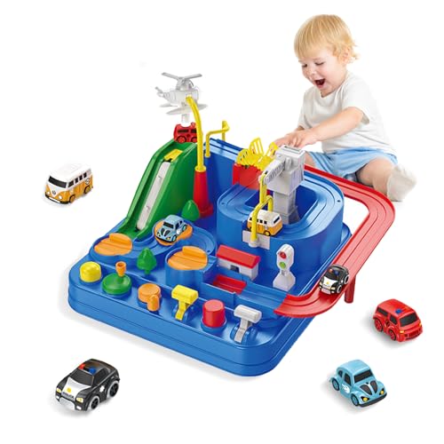 BASAMOU Auto Spielzeug Rennstrecken ab 3 4 5 6 Jahre Jungen Mädchen, Track Cars Spielzeug, Abenteuer Autopark enthält 4 Spielzeugautos, Geschenk für Jungen Kinder (6 Tasten)