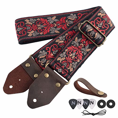 Nefelibata Gitarrengurt, 2 "Jacquard-Stickerei-Baumwoll-Gitarrengurt mit Crazy-Horse-Lederenden für Bass, Elektrik und Akustik, Geschenke für Kinder, Gitarristen