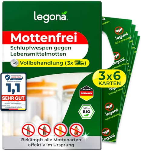 Legona® Schlupfwespen gegen Lebensmittelmotten | 6 Karten à 3 Lieferungen | Effektive Bekämpfung von Lebensmittel Motten | Alternativer Mottenschutz zu Mottenfalle Lebensmittel, Mottenspray