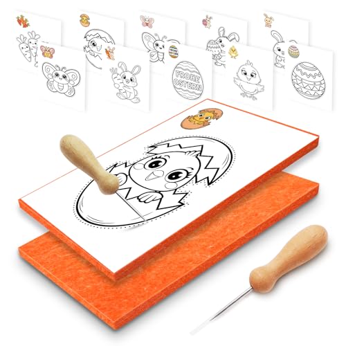Fettwal Prickelnadel Set Kinder, Prickelset Kinder ab 3, Stickbilder für Kinder, Sticken Kinder Set mit 2 Prickelnadel 2 Prickelfilz 10 Stickbilder, Verwendung unter Aufsicht der Eltern (ostern)