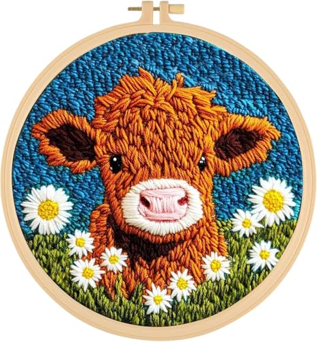 RUIQLXHANG Punch Needle Stickerei für Anfänger, Niedliche Cartoon Hochlandkuh mit Gänseblümchen, Punch Needle Starter Craft Set mit 20cm Hoop, Perfekt für Festival Geschenk und Dekoration (B)