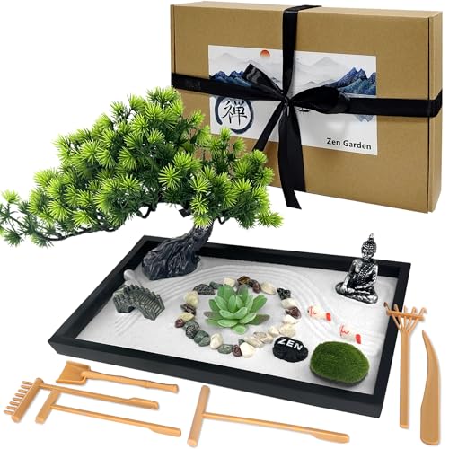 LuXianYS Zen Garten Set12x8 Zoll, Mini Meditation Rock und Sand Garden, Japanisches Zen Sand Garten Miniatur Geschenk Set, Japanisches-Ornament für den Schreibtisch