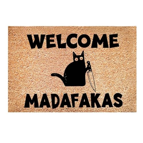 Wanjorlay 1 Stück „Dark Cat Welcome Madafakas“-Fußmatte mit Volldruck, Heimdekoration, Küche, Badezimmer, Dekoration für Menschen, Lustige Geschenke, Lustige Fußmatte