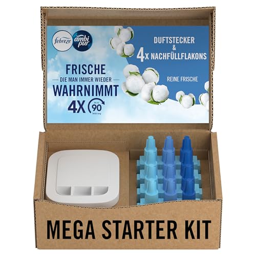 Febreze Programmierbarer Lufterfrischer 3Volution Duftstecker Starter-Kit + 4x Nachfüllflakons Reine Frische, 3 Wechselnde Düfte Zum Bekämpfen Von Gerüchen