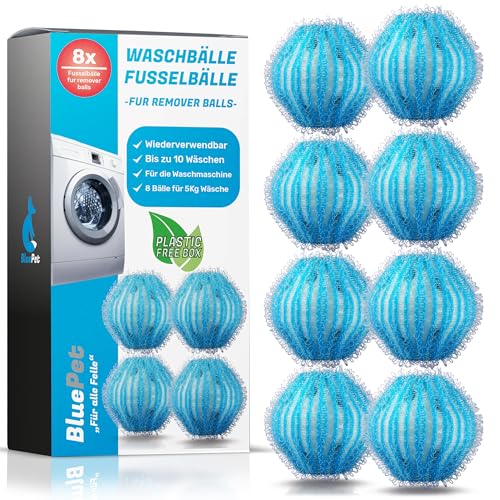 BluePet 8 Fusselbälle für die Waschmaschine - Entfernt Tierhaare, Fusseln & Flusen, Haarfänger für Wäschetrockner - Wiederverwendbare Flusenkugeln - Auch als Tierhaarentferner & Trocknerbälle