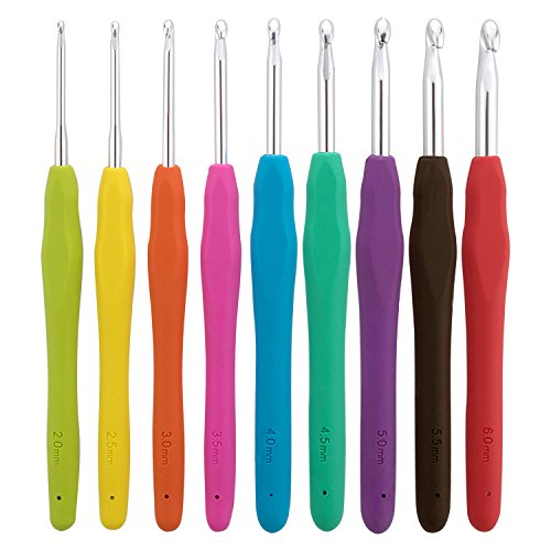 LIHAO 9x Häkelnadeln Nadelset Aluminium mit bunten Gummigriff Stricknadeln