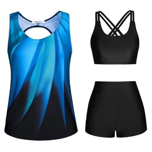 JASAMBAC Bikini Damen.3-Teiliger Tankini Damen Bauchweg, Push-Up-Bikinioberteil Und High Waist Badeshorts, Einfache Badebekleidung, Damen-Sport-Badeanzug, Bademode FüR Schwimmbad, Strand