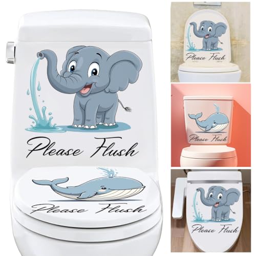 PLIGREAT 2 Stück niedliche Tiertoilette Aufkleber, Elefant und Wal Toilettensitz Deckel Aufkleber abnehmbar selbstklebend bitte spülen Wandtattoos für Badezimmer Badewannen Abdeckung Dekor WC Toilette