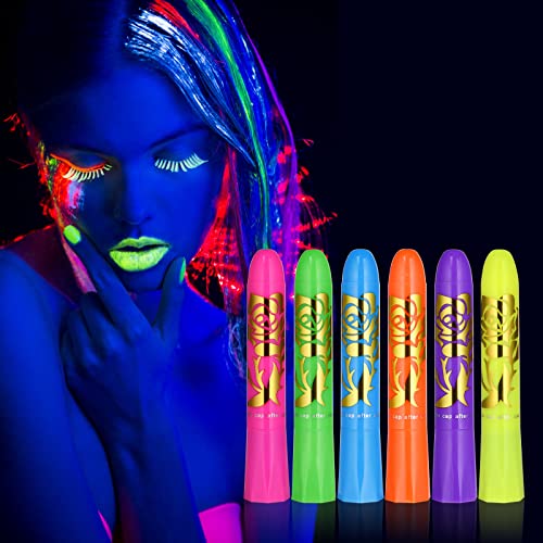 AOOWU UV Bodypainting, 6 Farben Neon UV Kinderschminke Set, Waschbar Schminkstifte Schminkfarben, Face Paint Schminkset, Körperfarbe Kinder UV Buntstifte für Halloween Karneval Make-up Fasching