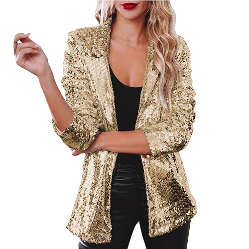 2025 Damen Pailletten Pailletten Jacke Lässige Langarm Glitzer Party Glänzendes Rave Oberbekleidung Mantel Winterjacke Damen Mäntel (Gold, XXXL)