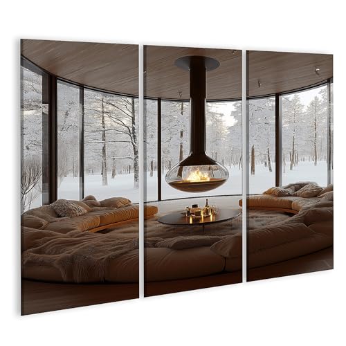 islandburner Bild auf Leinwand Winterliches Wohnzimmer mit Kamin und Schneeblick für Wohnzimmer Liebhaber Einrichtungsgeschäft Bilder Wandbilder Poster