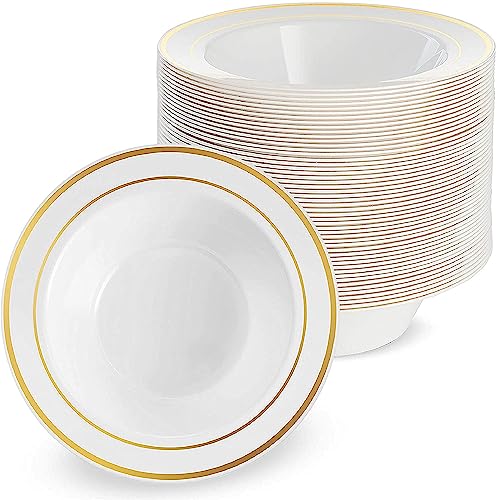 MATANA 25 Weiße Plastikschalen mit Goldrand, Suppenteller, Suppenschalen (360ml) - Suppenschüssel für Hochzeiten, Geburtstage, Taufen, Weihnachten, Partys - Mehrweg & Stabil