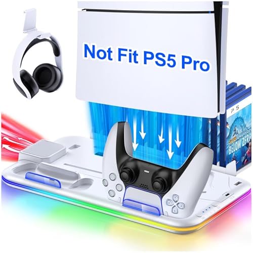 PS5 Standfuß mit 3 Stufig PS5 Lüfter und PS5 Controller Ladestation, Kühler Ständer für PS5/ PS5 Slim, RGB Licht PS5 Halterung mit USB Ports/Headset Halter/Aufbewahrung, für PS5 Zubehör, Weiß