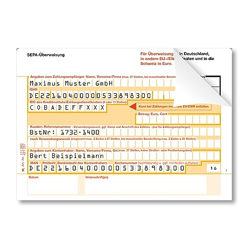 Litfax SEPA Überweisungsträger mit personalisiertem Überweisungsvordruck, 100 Stück - DIN A6, 2-fach mit Durchschlag, Leicht zu trennen, selbstdurchschreibend - Bankneutral in Deutschland