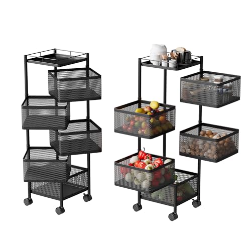 MYOYAY Drehbares Aufbewahrungsregal Obstwagen für Küche mit Rollen, Küchenrollwagen Schwarz Obst- und Gemüseregal mit Rädern für Badezimmer, Kinderzimmer, Büro (1, Quadratisch)