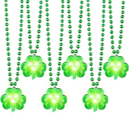 Hifot LED Halskette Kleeblatt St Patricks Day Accessoires Light Up Halskette Perlen Grün Kleeblatt Kostüm Zubehör Blinkenden Licht-Modi Kinder Damen 6 Stück